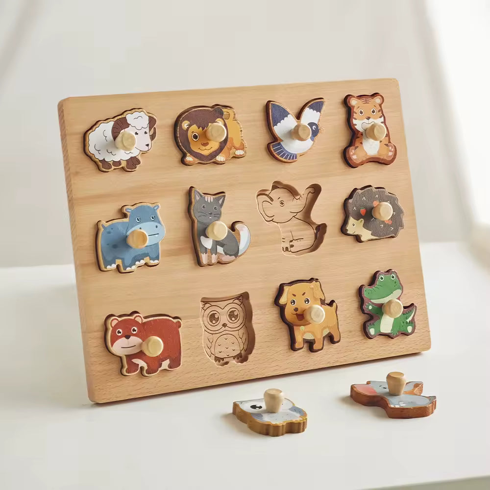Wood Animal Veggie Fruit Peg Puzzle Board