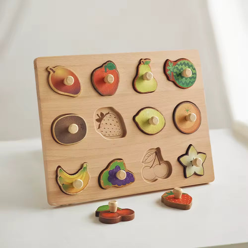 Wood Animal Veggie Fruit Peg Puzzle Board